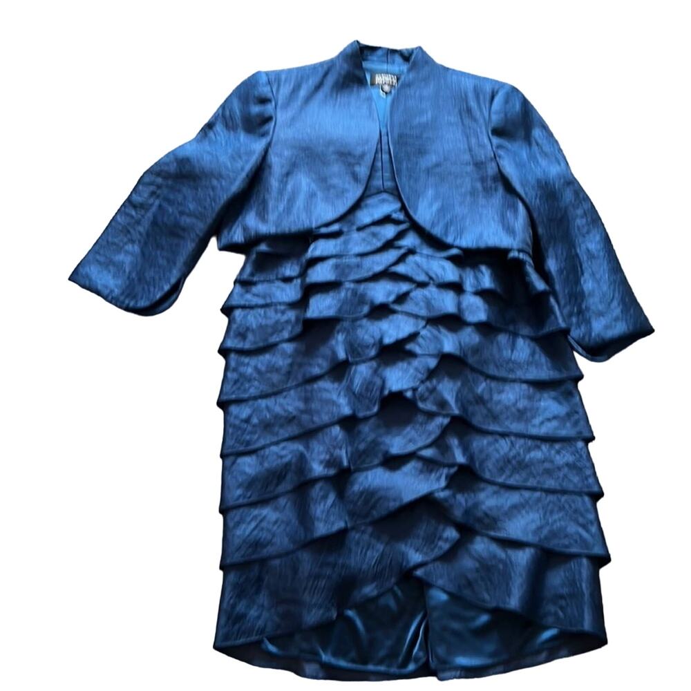 VINTAGE Blue Adrianna Papell Ruffled Party Dress w/Cropped Jacket -10 P